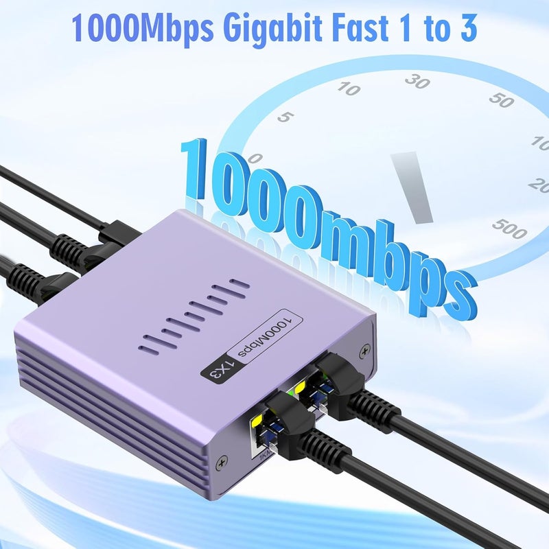 Denlane موزع إيثرنت 1 إلى 3، 1000 ميجابت في الثانية، هيكل من سبائك الألمنيوم، منفذ RJ45، يدعم Cat5/5e/6/7/8، متوافق مع الكمبيوتر المكتبي/اللاب توب/الطابعة - Image 3
